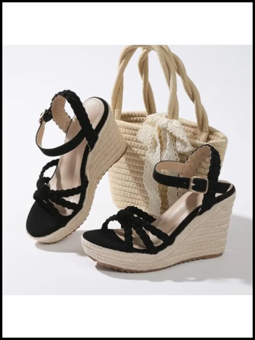 Braided Knot Ankle Strap Open Toe Platform Wedge Sandals with PU Insole and